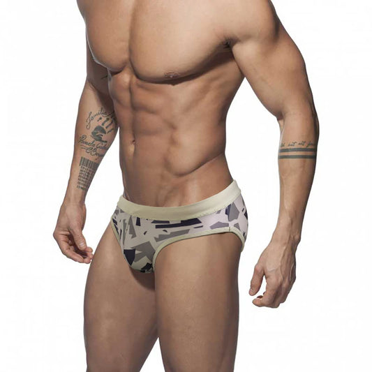 a sexy gay man in tan Men's Urban Camo Swim Briefs - pridevoyageshop.com - gay men’s underwear and swimwear