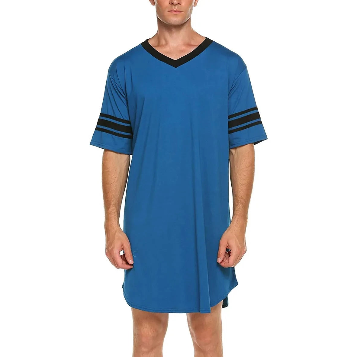 a sexy man in blue Men's Striped V-Neck Nightshirt - pridevoyageshop.com - gay men’s underwear and swimwear