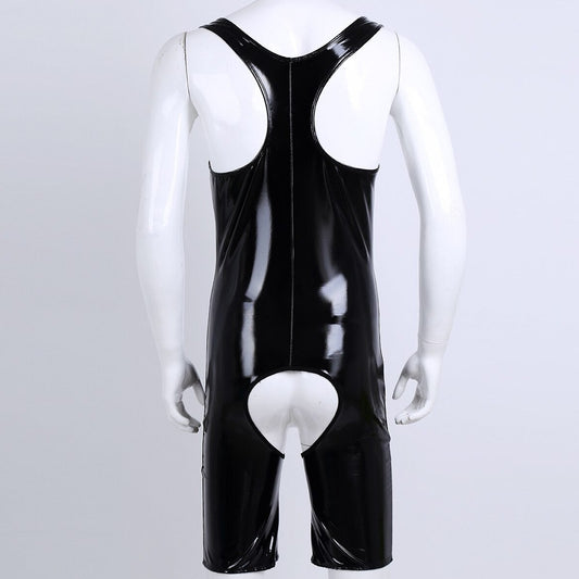 Gay Bodysuit | Men's Crotchless Patent Leather Bodysuit - Men's Singlets, Bodysuits, Leotard & Unitard - pridevoyageshop.com