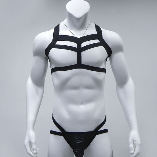 black Men's Elastic Bondage Harness + Jockstrap | Gay Harness- pridevoyageshop.com - gay men’s harness, lingerie and fetish wear