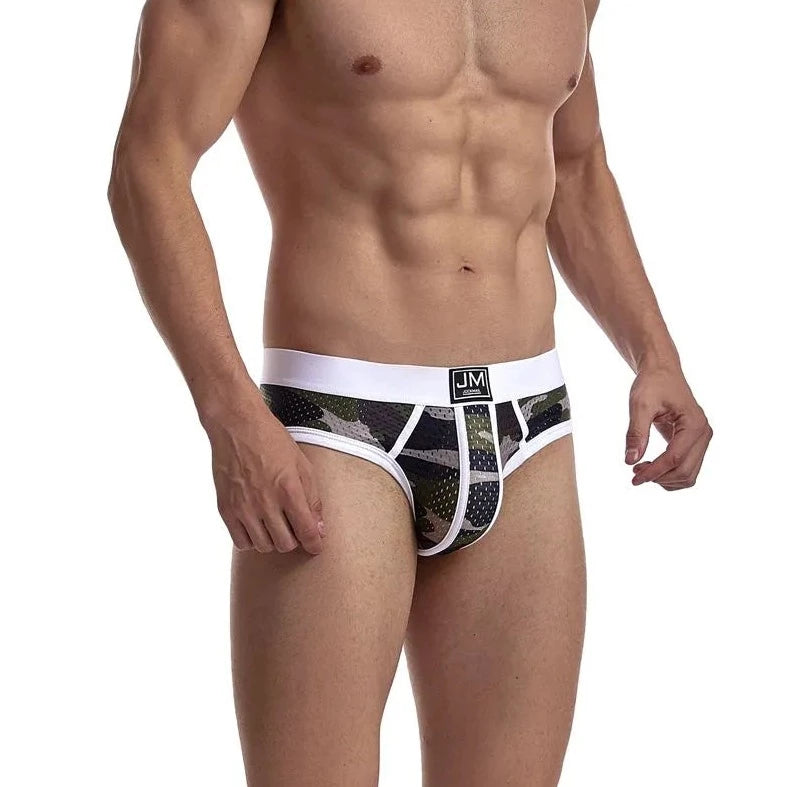 a hot gay man in white Jockmail Men's Mesh Camo Briefs - pridevoyageshop.com - gay men’s underwear and swimwear