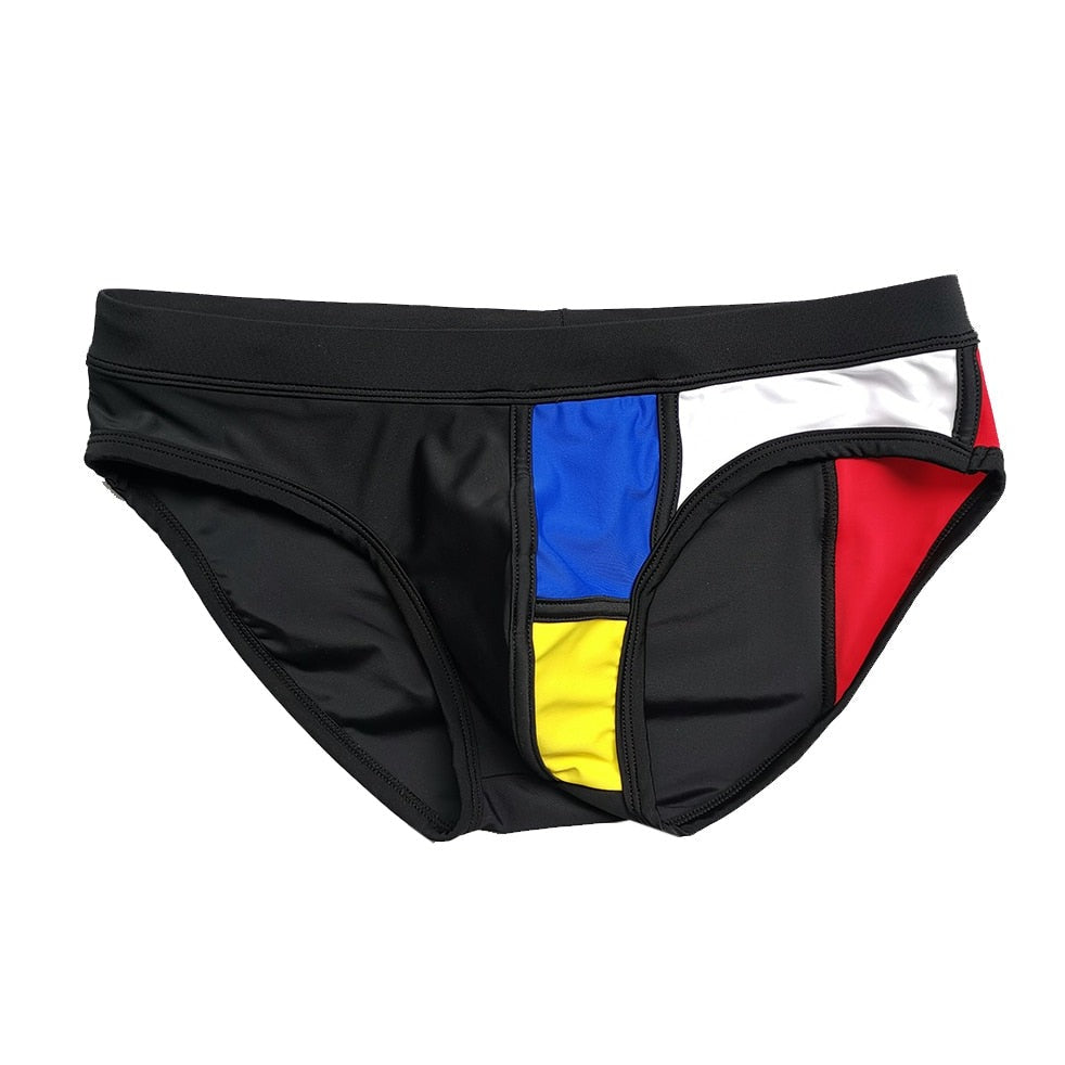 details of black Gay Swimwear | Piet Mondrian Art Deco Swim Briefs- pridevoyageshop.com - gay men’s underwear and swimwear