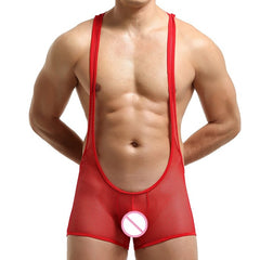 sexy gay man in red Gay Singlet and Bodysuit | See Through Wrestling Singlets - Men's Singlets, Bodysuits, Rompers & Jumpsuits - pridevoyageshop.com