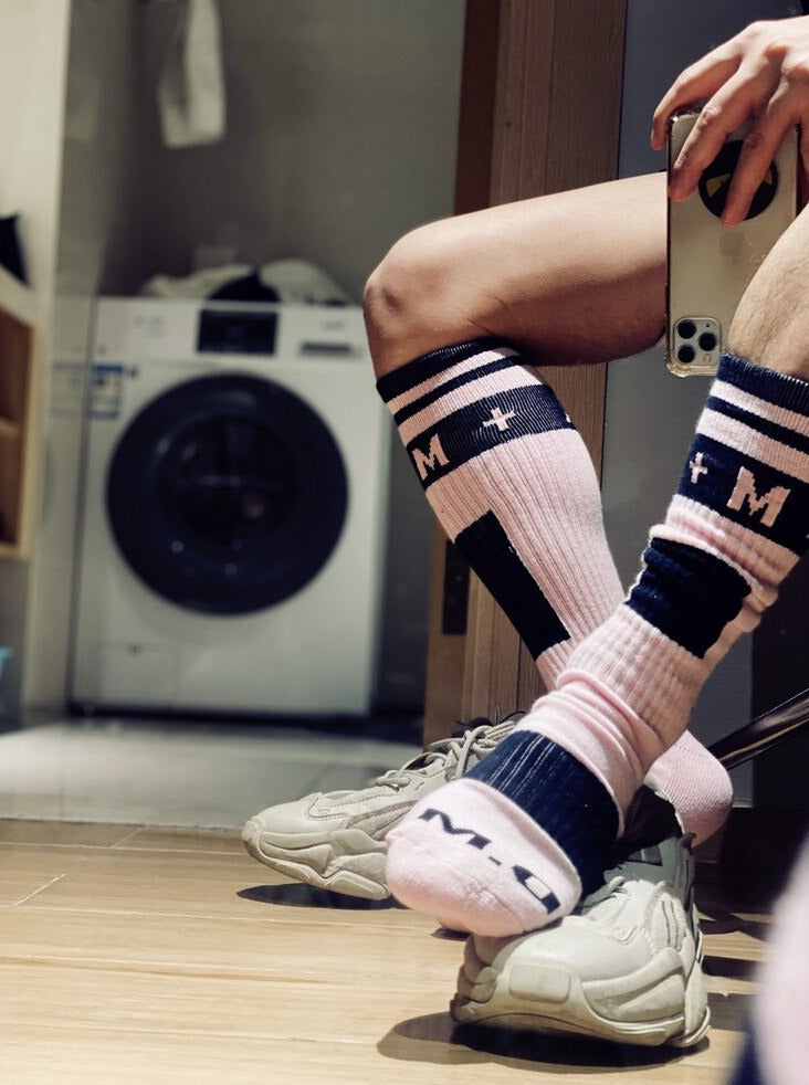 pink Ribbed Cotton Crew Socks: Men's Sports Socks- pridevoyageshop.com - gay men’s harness, lingerie and fetish wear