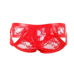 red Gay Men's Faux Leather Floral Sheer Briefs - pridevoyageshop.com - gay men’s underwear and swimwear