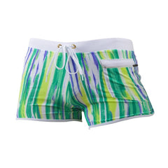 green Gay Swimwear | Men' s Striped Swim Trunks With Zipper Pocket - pridevoyageshop.com - gay men’s underwear and swimwear