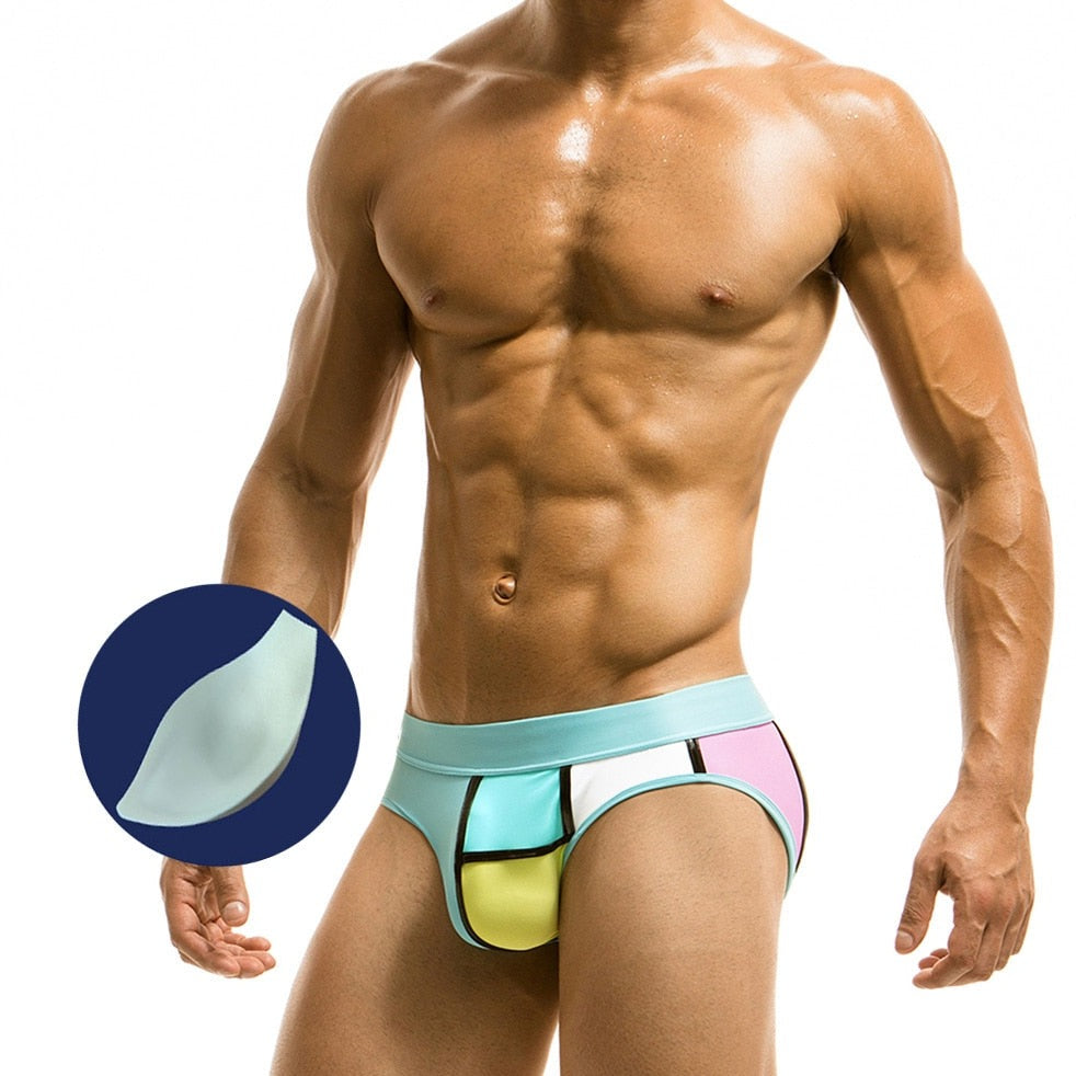 sexy gay man in green Gay Swimwear | Piet Mondrian Art Deco Swim Briefs- pridevoyageshop.com - gay men’s underwear and swimwear