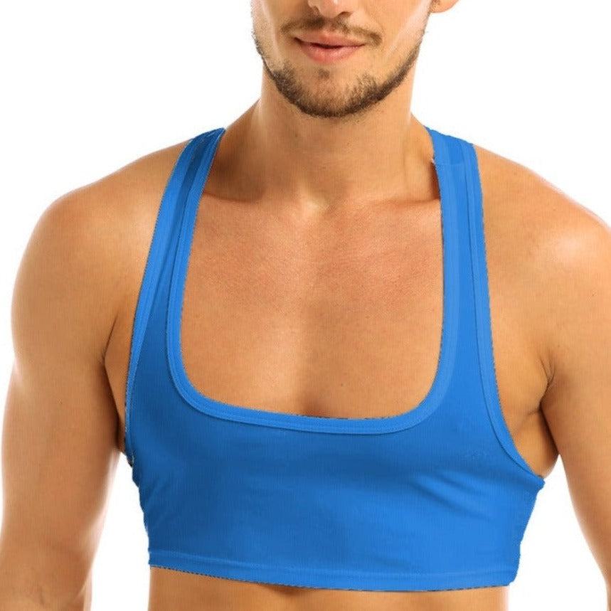 a sexy gay man in blue Men's Sleevless Y Back Crop Top | Gay Crop Tops & Sports Wear - pridevoyageshop.com - gay crop tops, gay casual clothes and gay clothes store