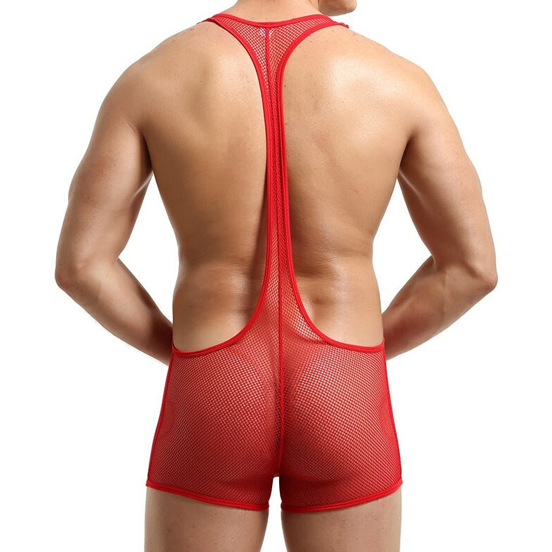 sexy gay man in red Gay Singlet and Bodysuit | See Through Wrestling Singlets - Men's Singlets, Bodysuits, Rompers & Jumpsuits - pridevoyageshop.com