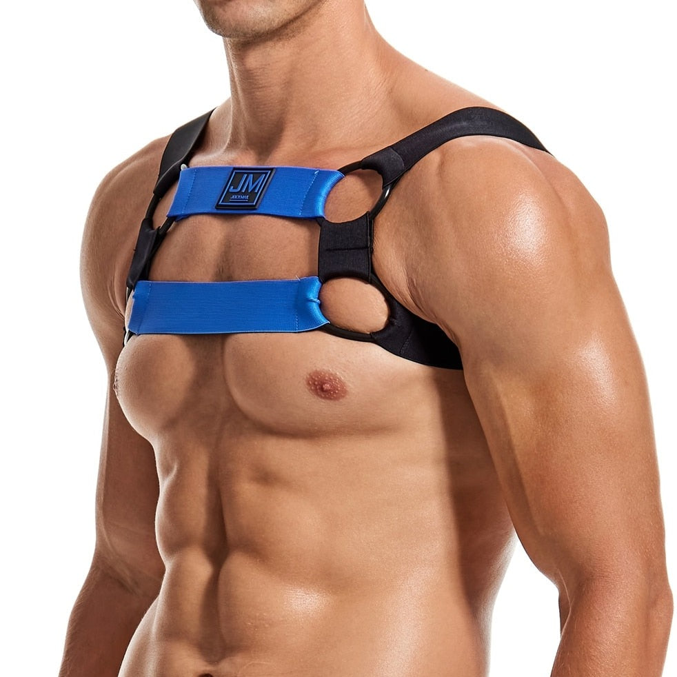 Blue Jockmail Elastic Mens Chest Harness: Gay Bodywear- pridevoyageshop.com - gay men’s harness, lingerie and fetish wear