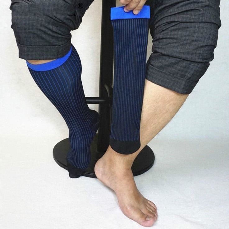 details of blue Thick n Thins Ribbed Dress Socks: Sheer Nylon Socks for Gay Man- pridevoyageshop.com - gay men’s harness, lingerie and fetish wear