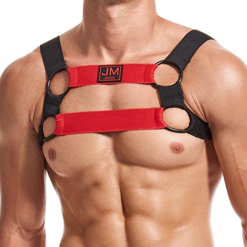 Red Jockmail Elastic Mens Chest Harness: Gay Bodywear- pridevoyageshop.com - gay men’s harness, lingerie and fetish wear