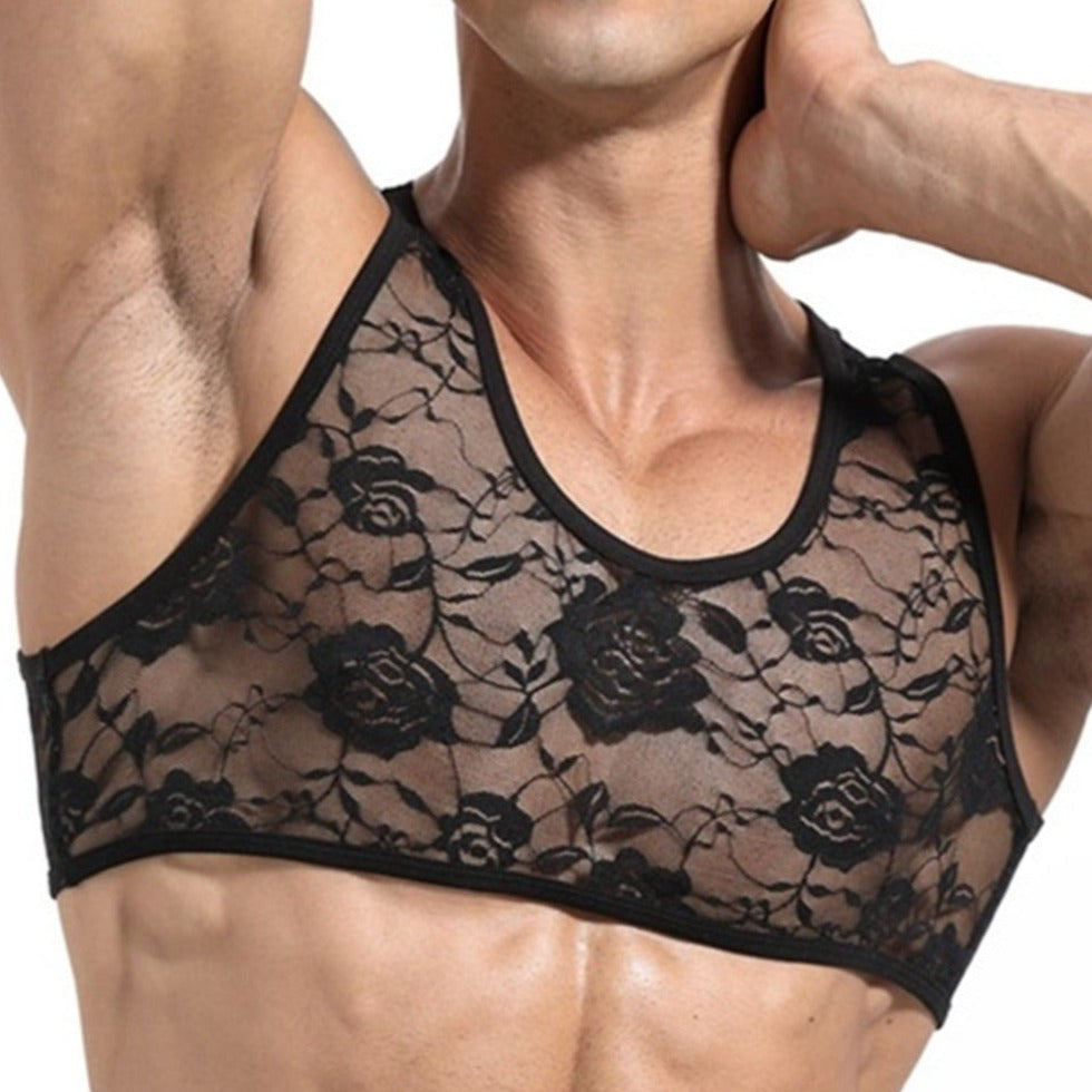 a hot gay guy in black Men's Erotic Floral Lace Crop Tops | Gay Crop Tops & lingerie - pridevoyageshop.com - gay crop tops, gay casual clothes and gay clothes store