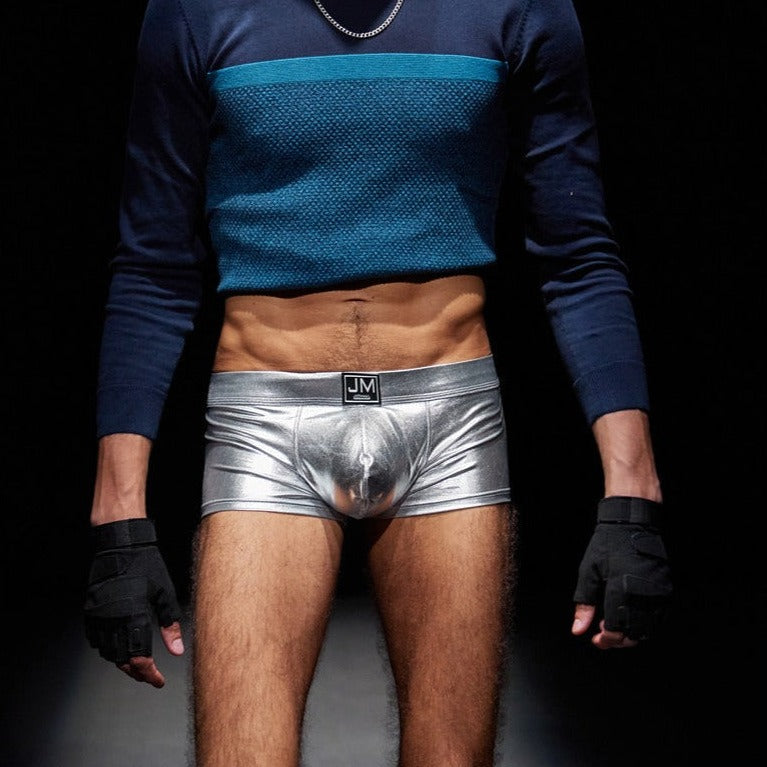 hot man in silver Jockmail Shiny Metallic PU Leather Boxers | Gay Underwear- pridevoyageshop.com - gay men’s underwear and swimwear