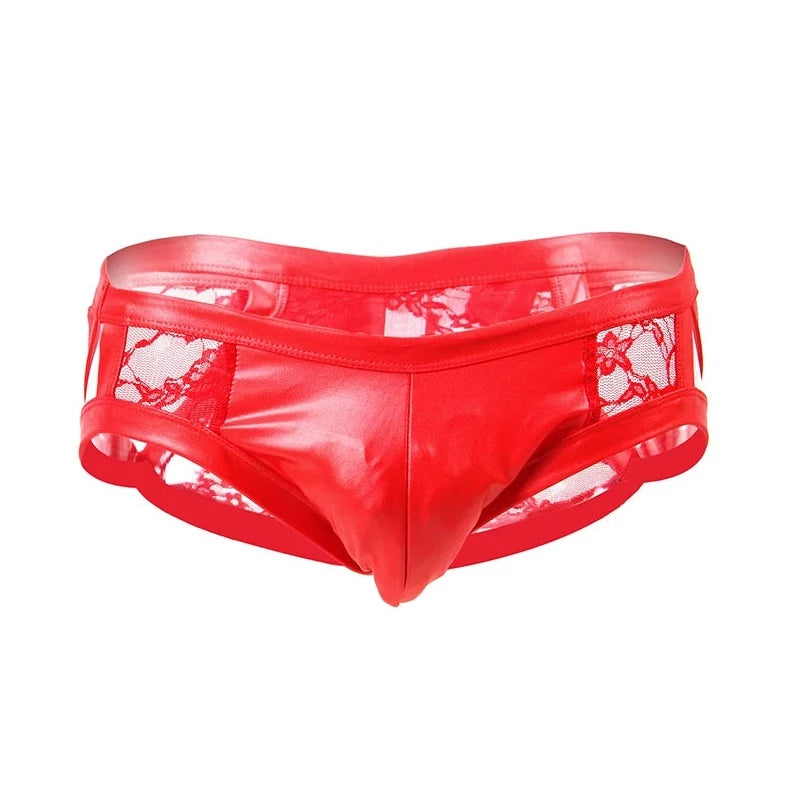red Gay Men's Faux Leather Floral Sheer Briefs - pridevoyageshop.com - gay men’s underwear and swimwear