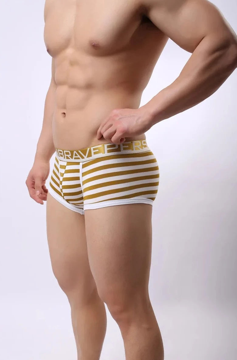 gold Brave Person Men's Striped Boxer Briefs - pridevoyageshop.com - gay men’s underwear and swimwear
