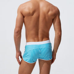 sexy gay man in blue Gay Swimwear | Men' s Striped Swim Trunks With Zipper Pocket - pridevoyageshop.com - gay men’s underwear and swimwear