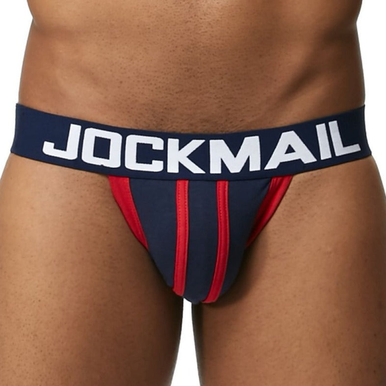 hot man in navy Jockmail Men's Racing Stripe Jockstrap & Jock Strap for Men- pridevoyageshop.com - gay men’s underwear and swimwear