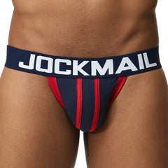 hot man in navy Jockmail Men's Racing Stripe Jockstrap & Jock Strap for Men- pridevoyageshop.com - gay men’s underwear and swimwear