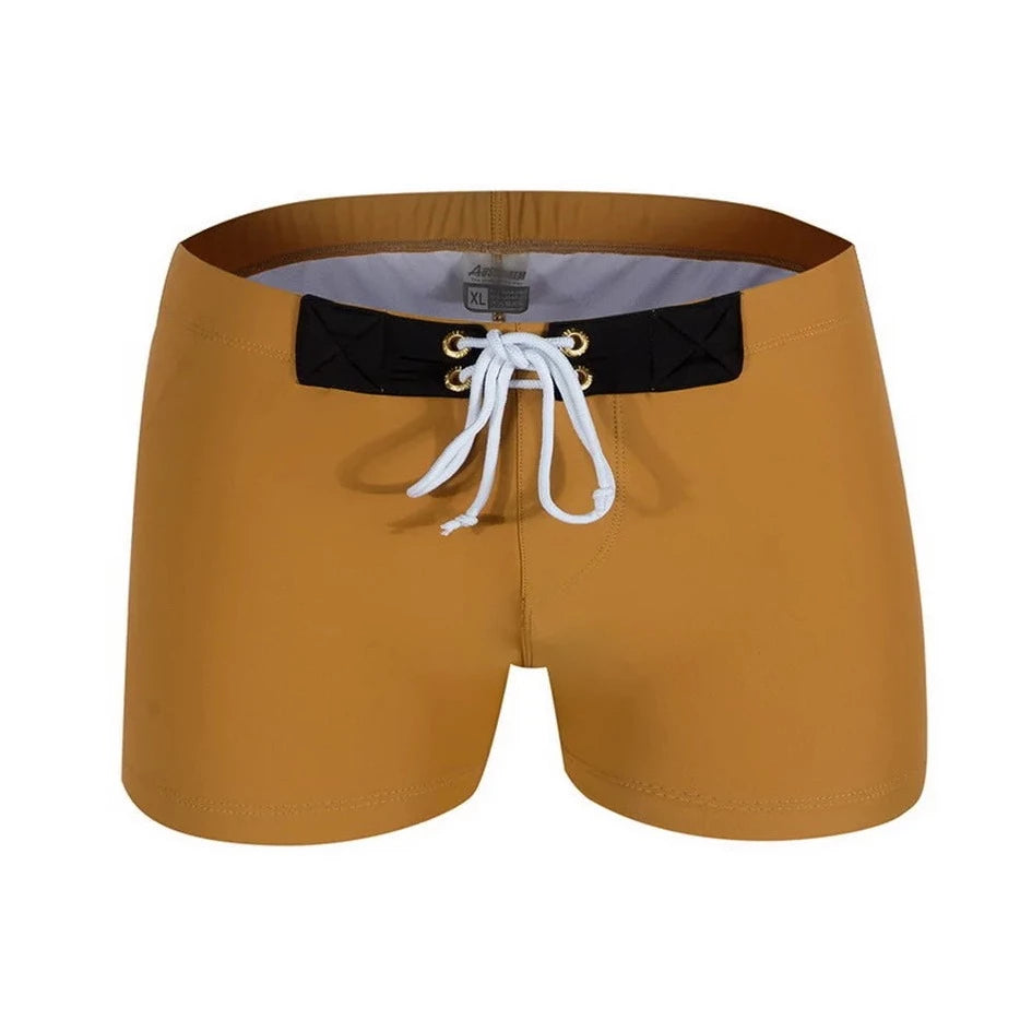brown Solid Color Bowtie Swim Trunks - pridevoyageshop.com - gay men’s underwear and swimwear