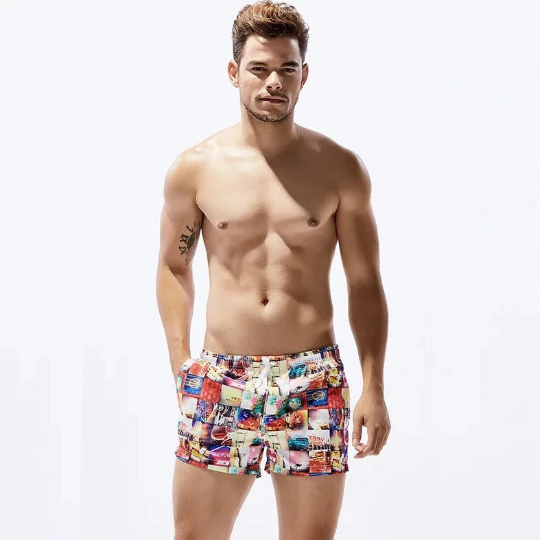 a hot gay man in red Postcard Grid Board Shorts - pridevoyageshop.com - gay men’s underwear and swimwear
