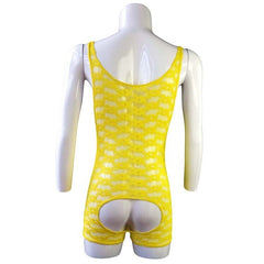 yellow Gay Singlet and Bodysuit | Men's Open Crotch Lace Singlet - Men's Singlets, Bodysuits, Leotard & Unitard - pridevoyageshop.com