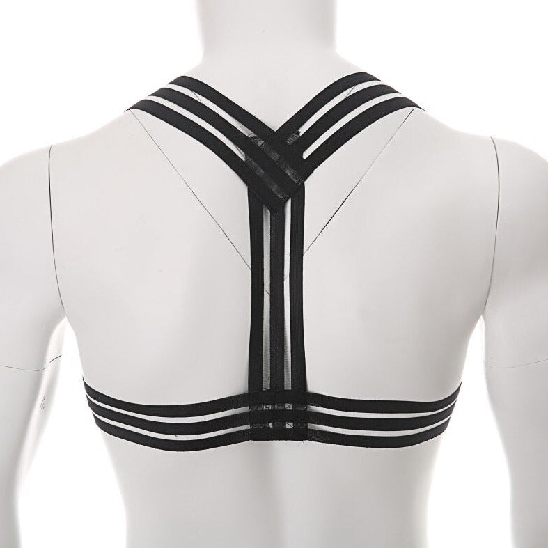 Bakc of Black Multi-Strap Elastic Chest Harness: Sexy Clubwear for Men- pridevoyageshop.com - gay men’s harness, lingerie and fetish wear