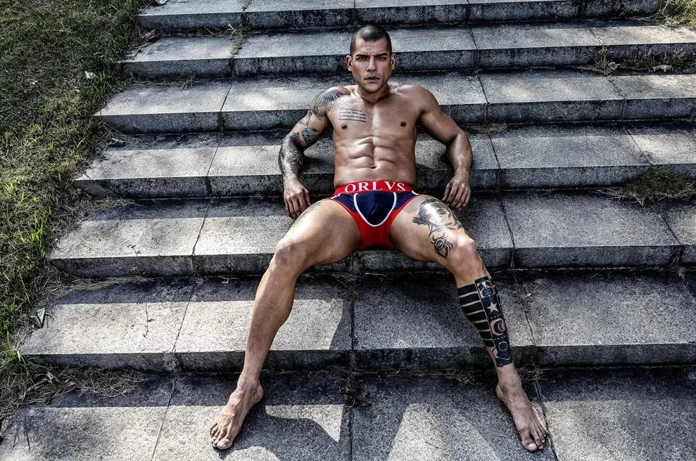 a sexy gay man in blue ORLVS Square Cut Mesh Boxer Briefs - pridevoyageshop.com - gay men’s underwear and swimwear