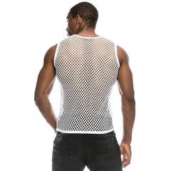 back of white Gay Men Fashion | Men's Black Mesh Tank Top: Fishnet Tank for Men- pridevoyageshop.com - gay men’s harness, lingerie and fetish wear