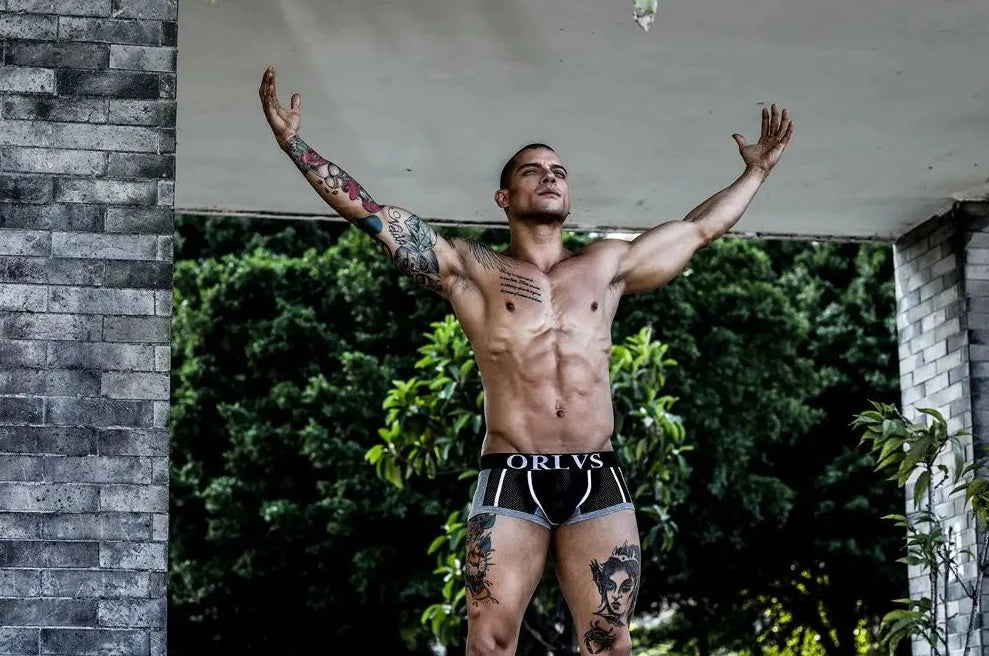 a sexy gay man in black ORLVS Square Cut Mesh Boxer Briefs - pridevoyageshop.com - gay men’s underwear and swimwear