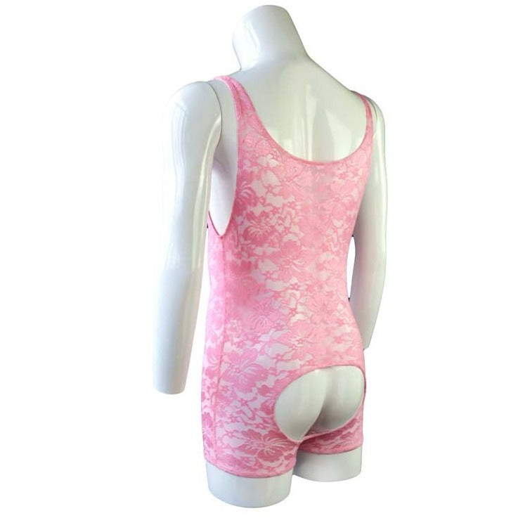 pink Gay Singlet and Bodysuit | Men's Open Crotch Lace Singlet - Men's Singlets, Bodysuits, Leotard & Unitard - pridevoyageshop.com
