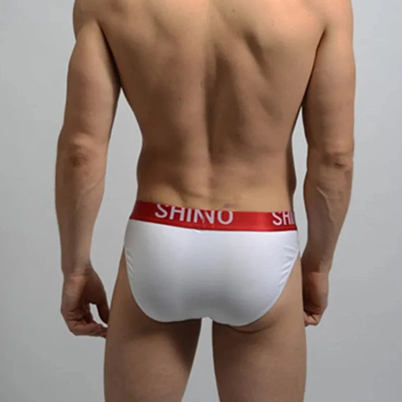 a sexy gay man in red Shino Hung Pouchy Briefs for Endowed Men - pridevoyageshop.com - gay men’s underwear and swimwear