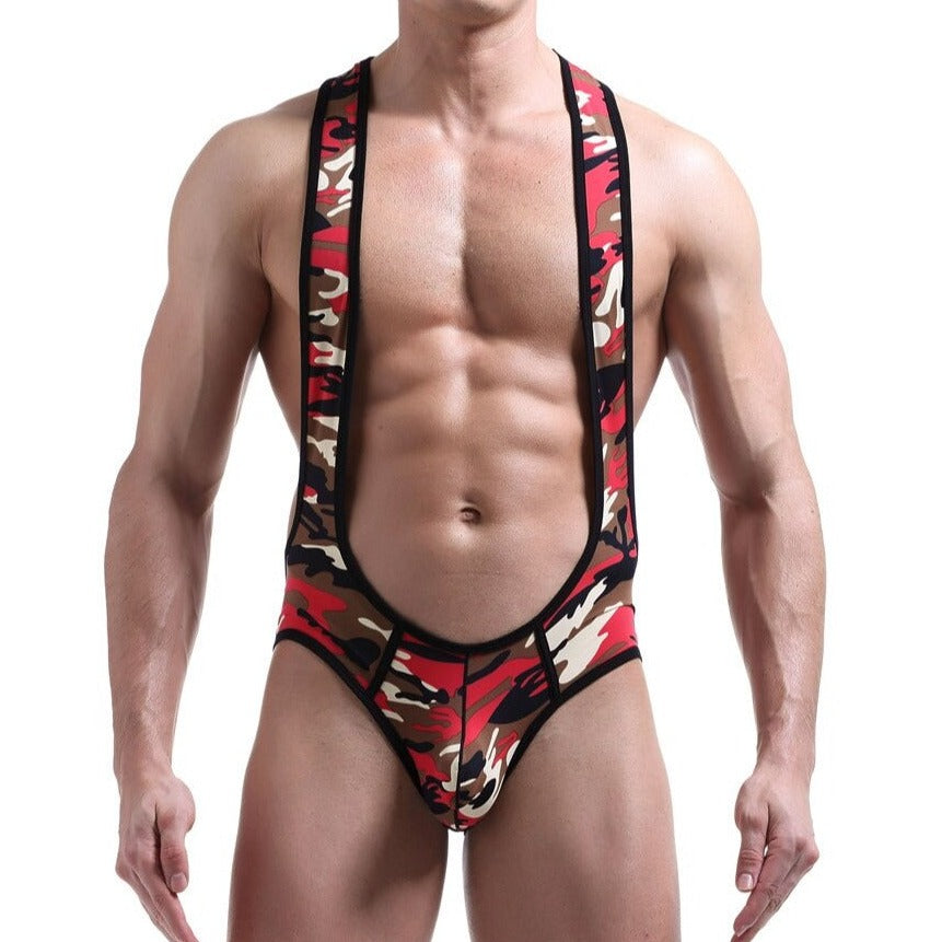 sexy gay man in Coffee Red Gay Bodysuit and Singlet | Men's Kinky Camo Wrestling Bodysuit - Men's Singlets, Bodysuits, Leotard & Unitard - pridevoyageshop.com