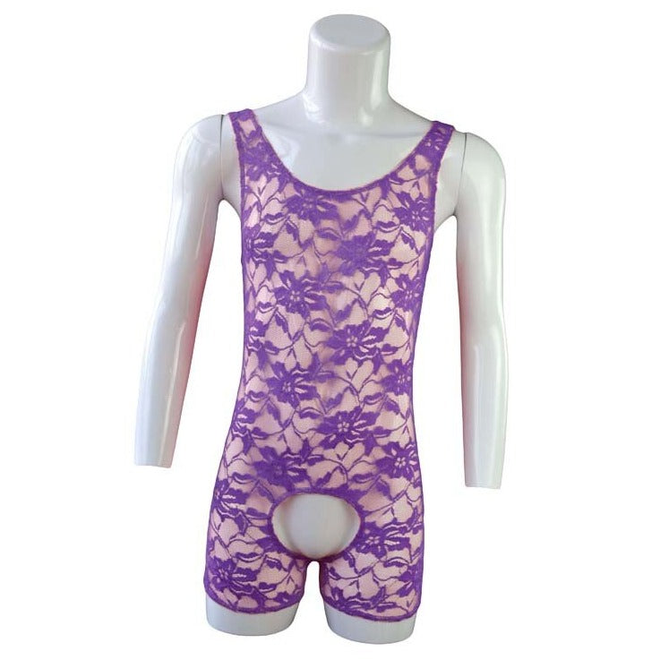 purple Gay Singlet and Bodysuit | Men's Open Crotch Lace Singlet - Men's Singlets, Bodysuits, Leotard & Unitard - pridevoyageshop.com