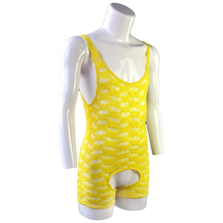 yellow Gay Singlet and Bodysuit | Men's Open Crotch Lace Singlet - Men's Singlets, Bodysuits, Leotard & Unitard - pridevoyageshop.com
