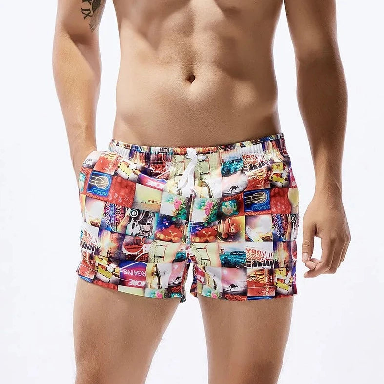 a hot gay man in red Postcard Grid Board Shorts - pridevoyageshop.com - gay men’s underwear and swimwear