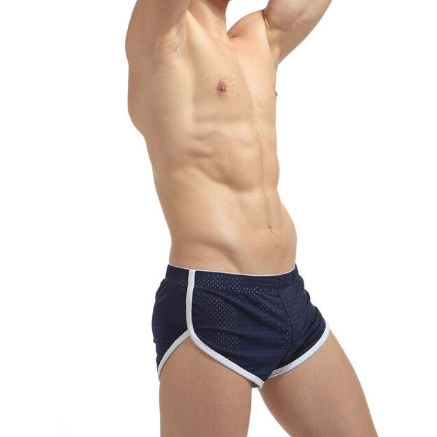 sexy gay man in navy blue Gay Shorts | Men's Mesh Running Shorts with Slits - Men's Activewear, gym short, sport shorts, running shorts- pridevoyageshop.com