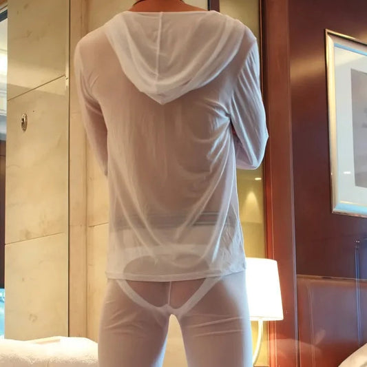 white Men's Sheer Pajamas Sleepwear with Hoodie - pridevoyageshop.com - gay men’s underwear and swimwear