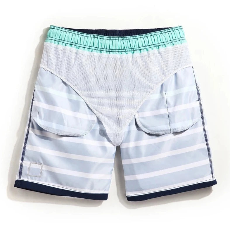 details of navy Horizon Hues Striped Board Shorts - pridevoyageshop.com - gay men’s underwear and swimwear