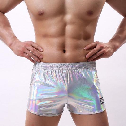 sexy gay man in silver Gay Shorts | Shiny Metallic Running Shorts - Men's Activewear, gym short, sport shorts, running shorts- pridevoyageshop.com