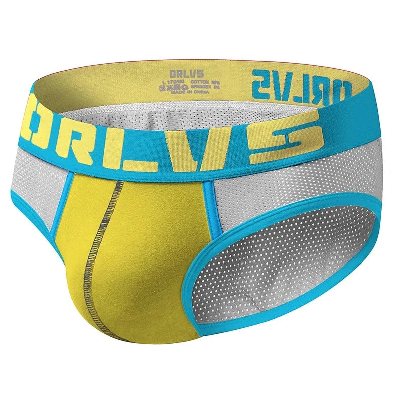 yellow ORLVS Bold Color See Throu Mesh Briefs - pridevoyageshop.com - gay men’s underwear and swimwear