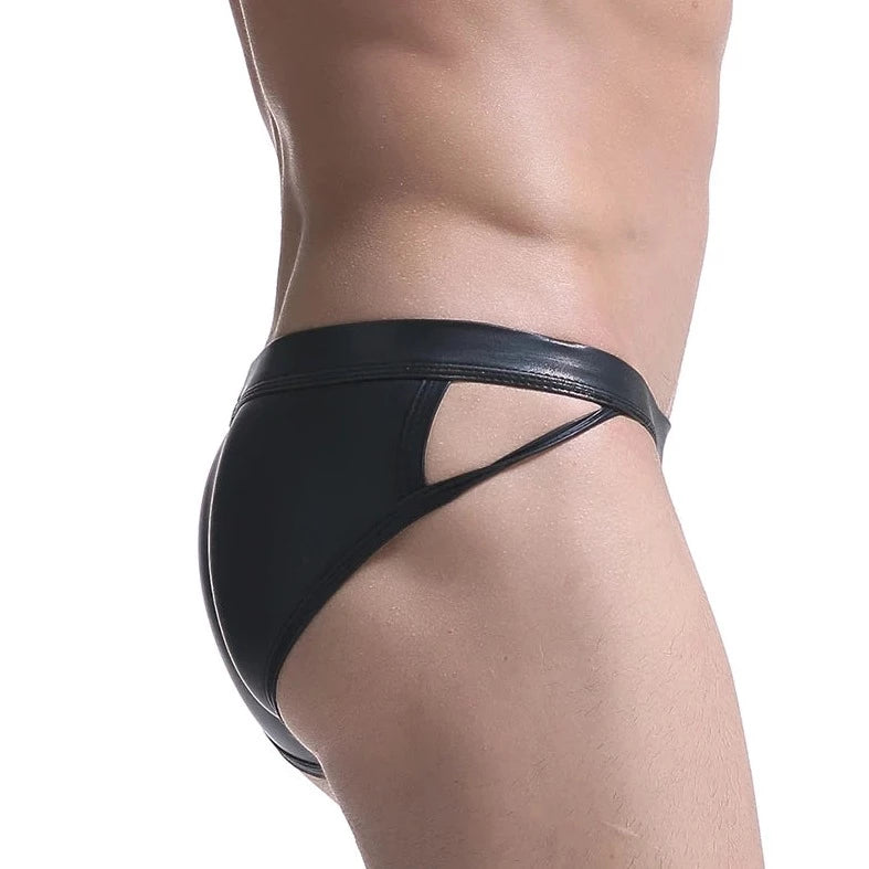a hot gay man in Kinky Faux Leather Sideshow Briefs - pridevoyageshop.com - gay men’s underwear and swimwear