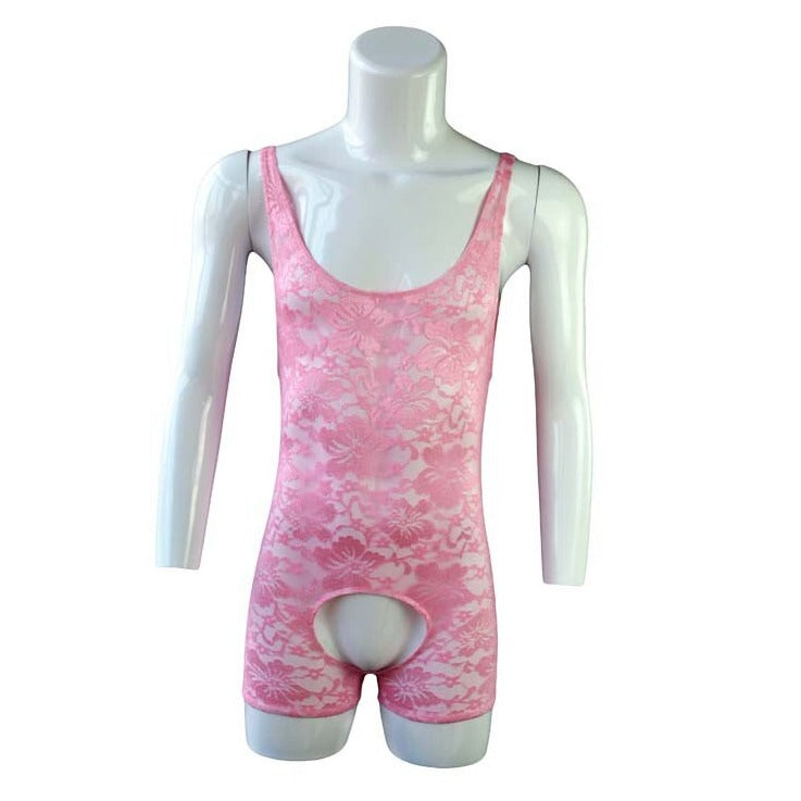 pink Gay Singlet and Bodysuit | Men's Open Crotch Lace Singlet - Men's Singlets, Bodysuits, Leotard & Unitard - pridevoyageshop.com
