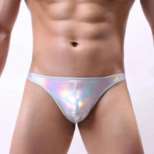 a sexy man in silver Gay Men's Sparkle Skinny Briefs - pridevoyageshop.com - gay men’s underwear and swimwear
