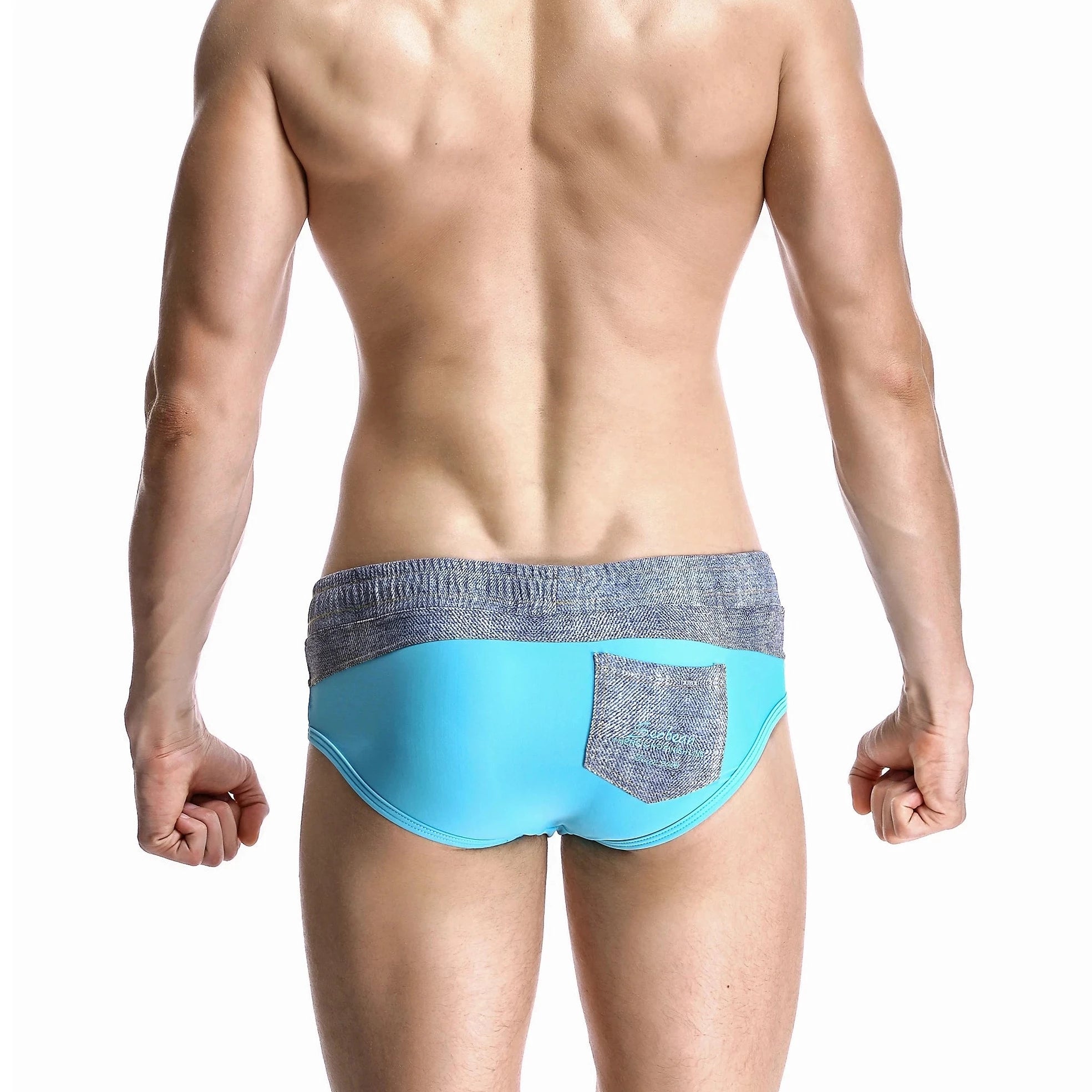 a hot gay man in sky blue Men's Wide Gray Band Swim Briefs - pridevoyageshop.com - gay men’s underwear and swimwear