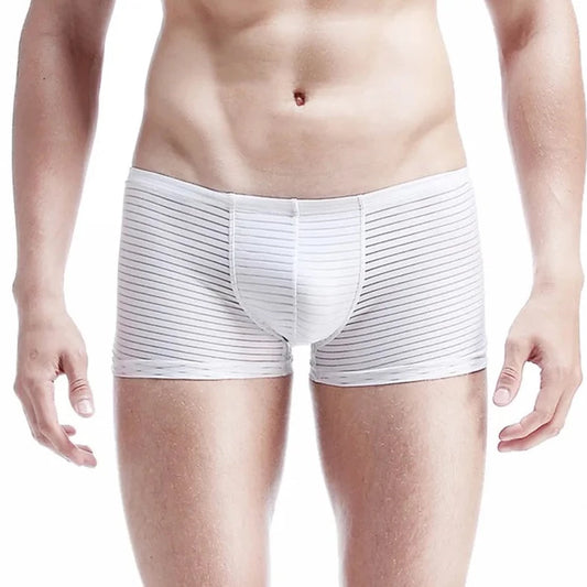 a hot gay man in white Men's Silky Striped Sheer Boxers - pridevoyageshop.com - gay men’s underwear and swimwear