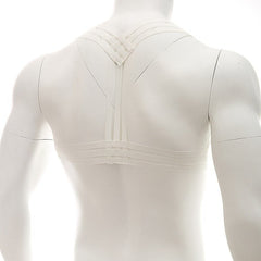 Back of white Multi-Strap Elastic Chest Harness: Sexy Clubwear for Men- pridevoyageshop.com - gay men’s harness, lingerie and fetish wear