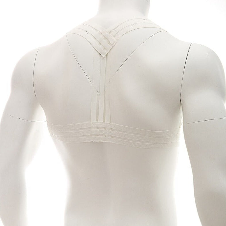 Back of white Multi-Strap Elastic Chest Harness: Sexy Clubwear for Men- pridevoyageshop.com - gay men’s harness, lingerie and fetish wear