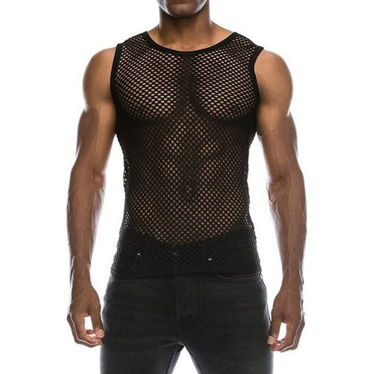 black Gay Men Fashion | Men's Black Mesh Tank Top: Fishnet Tank for Men- pridevoyageshop.com - gay men’s harness, lingerie and fetish wear