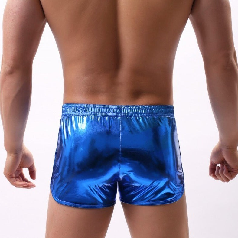sexy gay man in blue Gay Shorts | Shiny Metallic Running Shorts - Men's Activewear, gym short, sport shorts, running shorts- pridevoyageshop.com